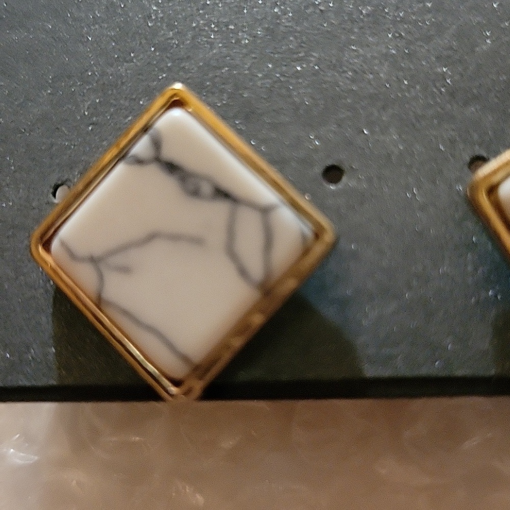 Massini Gold Tone White Marble Tile Square Earrings - Picture 2 of 2